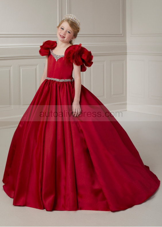 Vintage Ruffle Sleeves Beaded Satin Flower Girl Dress